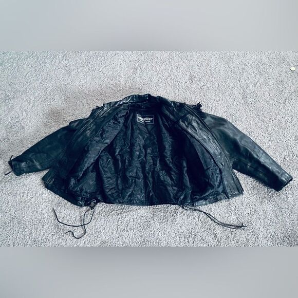 Unik Black Cropped Leather Jacket with Fringe, Harley Patches size Large - Picture 3 of 15